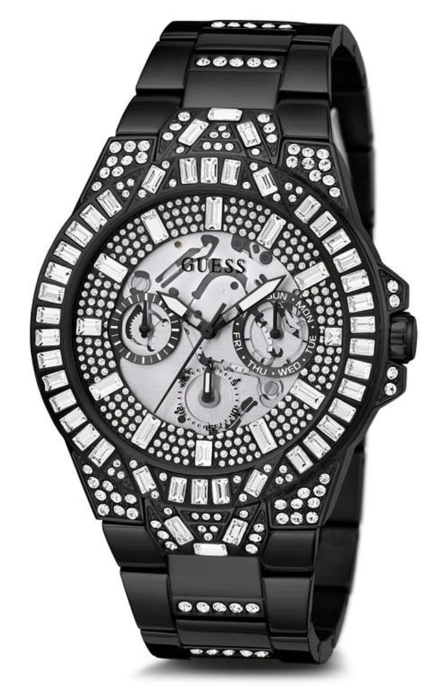 GUESS Multifunction Crystal Skeleton Matte Black Bracelet Watch, 44mm in Black/black/black at Nordstrom