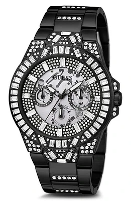 GUESS Multifunction Crystal Skeleton Matte Black Bracelet Watch, 44mm in Black/black/black at Nordstrom