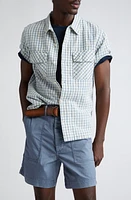 Double RL Check Short Sleeve Cotton & Linen Button-Up Shirt Indigo/Creme at Nordstrom,