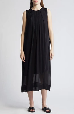 Eileen Fisher Pleated Jewel Neck Silk Midi Shift Dress Black at Nordstrom,