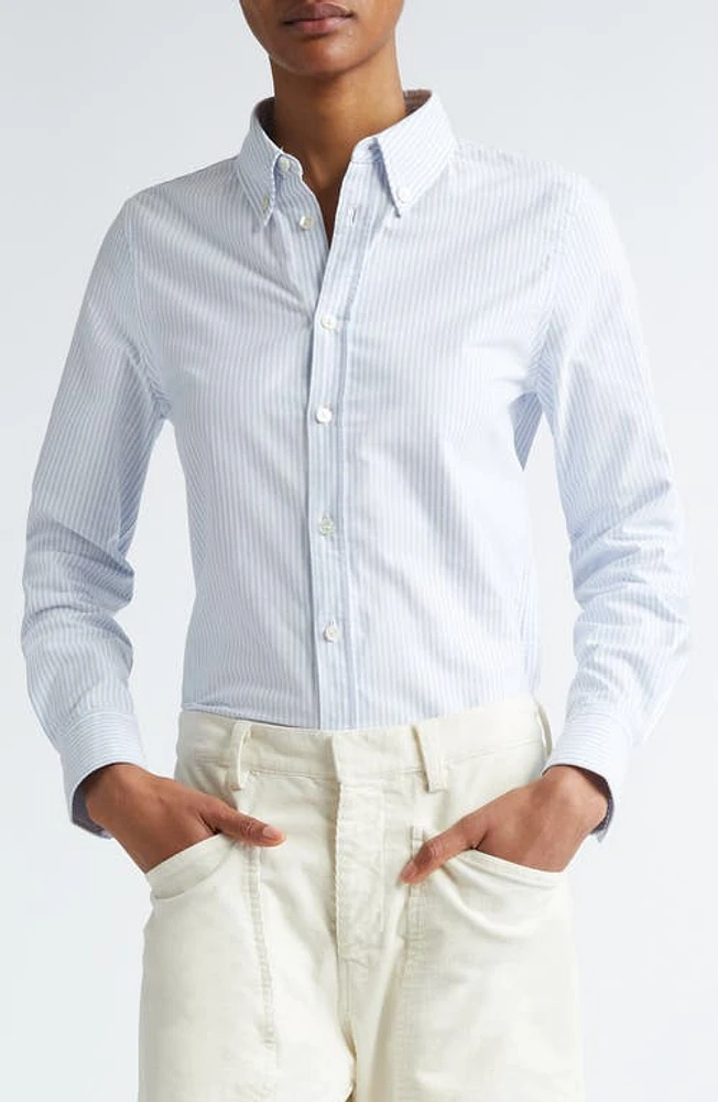 Nili Lotan Dyllan Shrunken Button-Down Shirt Blue Stripe at Nordstrom,