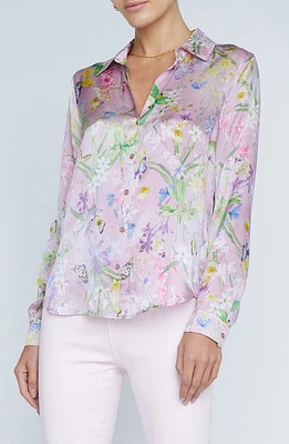 L'AGENCE Tyler Floral Silk Button-Up Shirt Lilac Botanical Butterfly at Nordstrom,