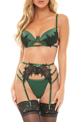 Oh La La Cheri Jeri Floral Appliqué Underwire Bra, Thong & Garter Belt Set in Hunter Green/Black at Nordstrom, Size Small