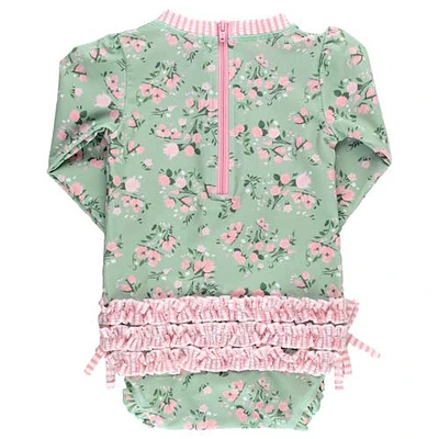 RuffleButts Girls Long Sleeve UPF50+ One Piece Rash Guard in Flamingo Frenzy at Nordstrom