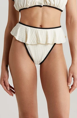 MONTCE Tamarindo Ruffle Bikini Bottoms in Cream Terry Rib Black Binded at Nordstrom, Size Small