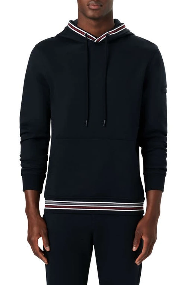 Bugatchi Stripe Trim Cotton Blend Hoodie Caviar at Nordstrom,