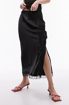 Topshop Lace Trim Satin Midi Skirt Black at Nordstrom, Us