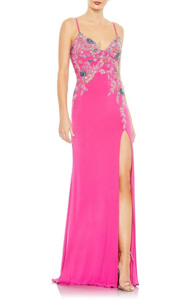 Mac Duggal Beaded Floral Detail Side Slit Gown Candy Pink at Nordstrom,