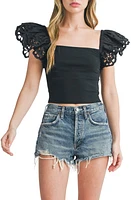 All in Favor Mixed Media Eyelet Sleeve Top in Black at Nordstrom, Size Small