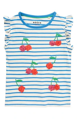 Mini Boden Kids' Cherry Ruffle Trim Shirt Vanilla Pod/Cabanna Blue at Nordstrom,