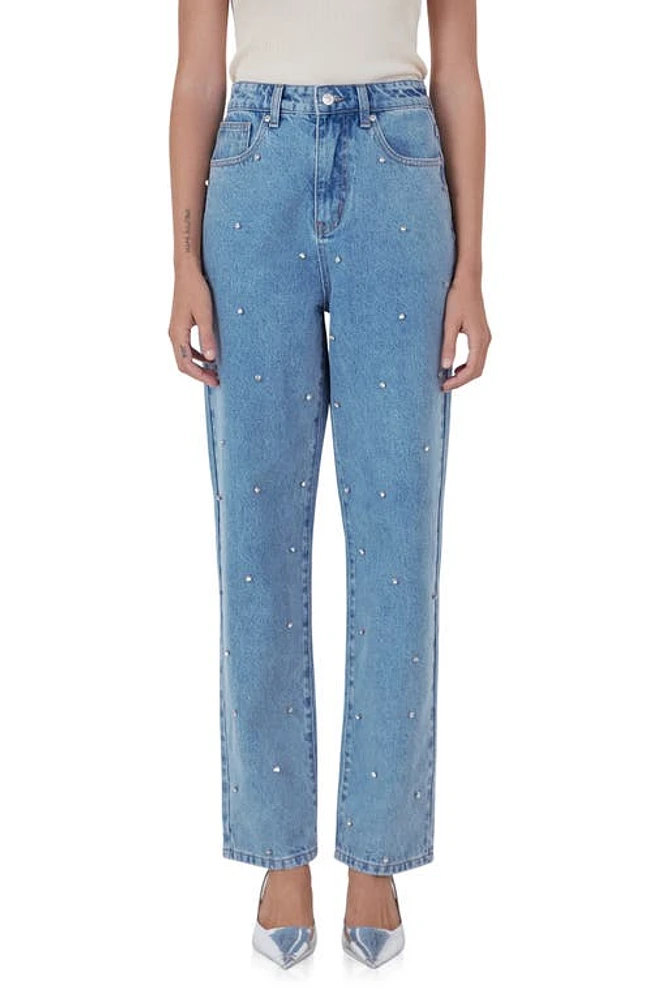 Endless Rose Crystal Embellished High Waist Rigid Straight Leg Jeans Denim at Nordstrom,