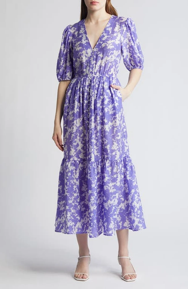 & Other Stories Puff Sleeve Maxi Dress in White/Purple Aop at Nordstrom, Size 0