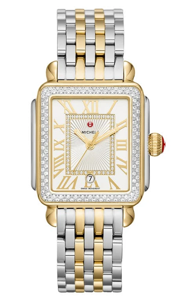 MICHELE Deco Madison Diamond Dial Two-Tone Bracelet Watch, 33mm in Gold/Silver at Nordstrom