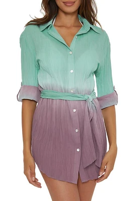 Becca Ombré Plissé Long Sleeve Tie Belt Cover-Up Shirtdress in Mineral/Fig at Nordstrom, Size Small