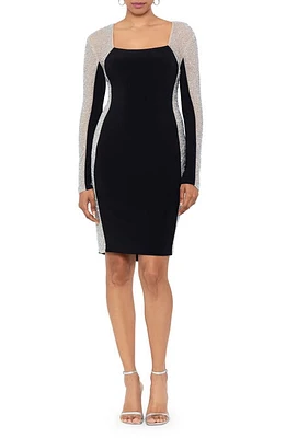 Xscape Evenings Farj Beaded Long Sleeve Body-Con Dress Black Nude Silver at Nordstrom,