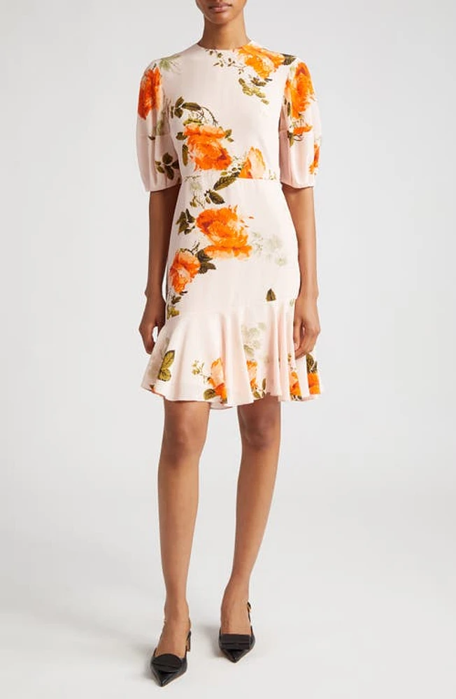 Erdem Floral Print Asymmetric Ruffle Silk Minidress Shell Pink at Nordstrom, Us