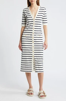 FRAME Stripe Henley Midi Dress Navy Multi at Nordstrom,