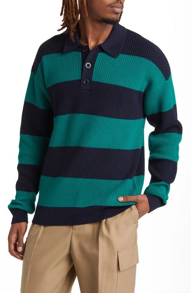 Drôle de Monsieur Stripe Long Sleeve Merino Wool & Cotton Polo Sweater Navy at Nordstrom,