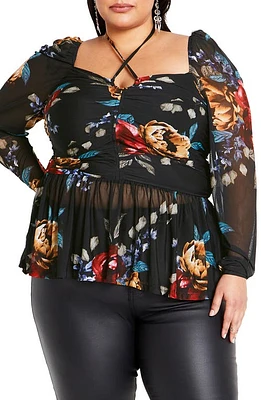 City Chic Floral Mesh Peplum Top in Dark Late Bloom at Nordstrom