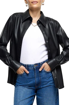 River Island Snap Front Faux Leather Shirt Black at Nordstrom,