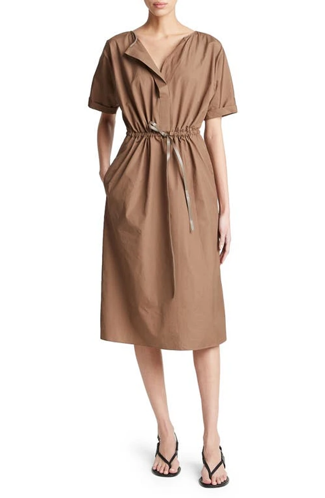 Vince Faux Leather Belt Detail Cotton Midi Dress Earthen at Nordstrom,