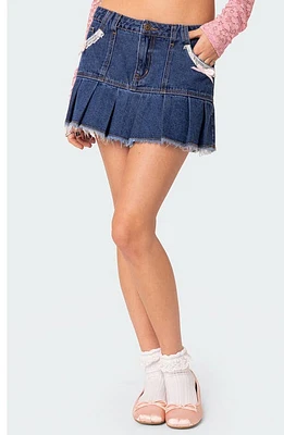 EDIKTED Katalina Pleated Denim Miniskirt Dark-Blue at Nordstrom,