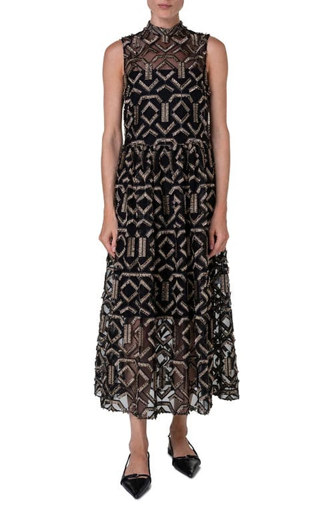 Akris punto Metallic Embroidery Sleeveless Midi Dress Black-Gold at Nordstrom,