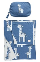 Pink Lemonade Giraffe Organic Cotton Baby Blanket & Travel Pouch Set in Marine/Sky at Nordstrom