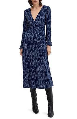 MANGO Polka Dot Long Sleeve Midi Dress Blue at Nordstrom,