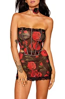 Dreamgirl Lace Trim Floral Mesh Bustier, Skirt & Choker Set Red Rose at Nordstrom,