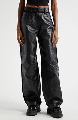 Alexander Wang Whipstitch Leather Wide Leg Pants Black at Nordstrom,