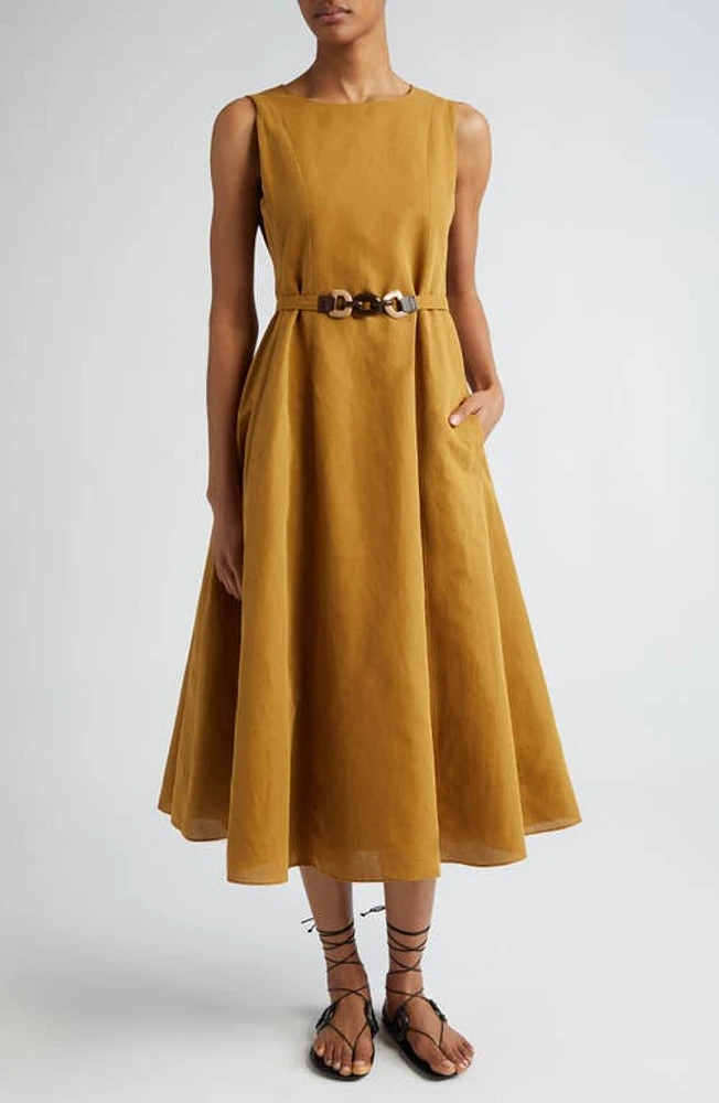 Max Mara Amelie Sleeveless Cotton & Linen Belted Dress Mustard at Nordstrom,