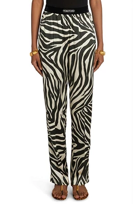 TOM FORD Zebra Print Stretch Silk Satin Pajama Pants Ecru/Black at Nordstrom,