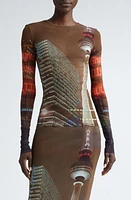 Jean Paul Gaultier City Print Long Sleeve Mesh Top Brown/Green/Blue/Red at Nordstrom,