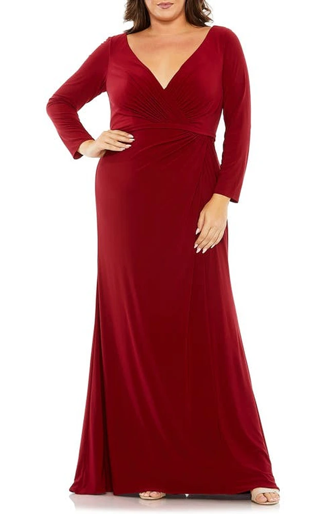 FABULOUSS BY MAC DUGGAL Wrap Front Long Sleeve Jersey Gown Burgundy at Nordstrom,