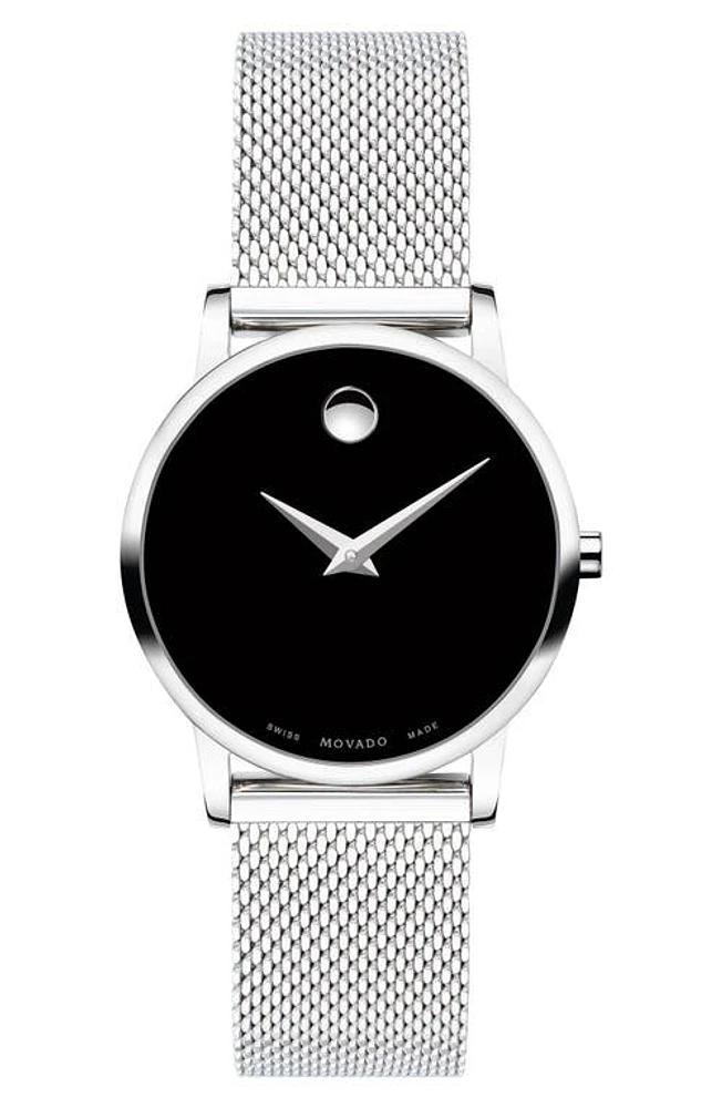 Movado Museum Mesh Strap Watch, 28mm in Silver/Black/Silver at Nordstrom