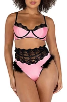 Roma Confidential Embroidery & Satin Underwire Bra High Waisted Thong Pink/Black at Nordstrom,