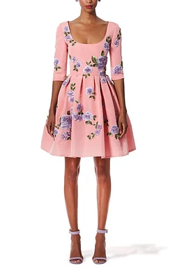 Carolina Herrera Floral Embellished Silk Fit & Flare Dress in Blush at Nordstrom, Size 14