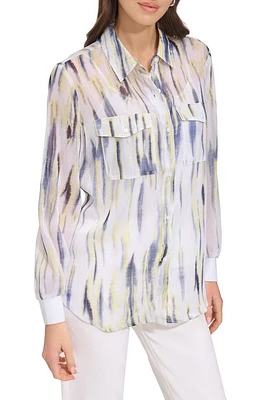 DKNY Metallic Print Chiffon Button-Up Shirt White/Inky Blue Multi at Nordstrom,