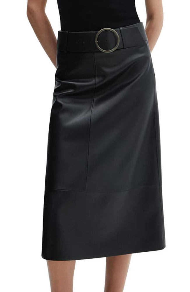 MANGO Faux Leather Belted Midi Skirt Black at Nordstrom,