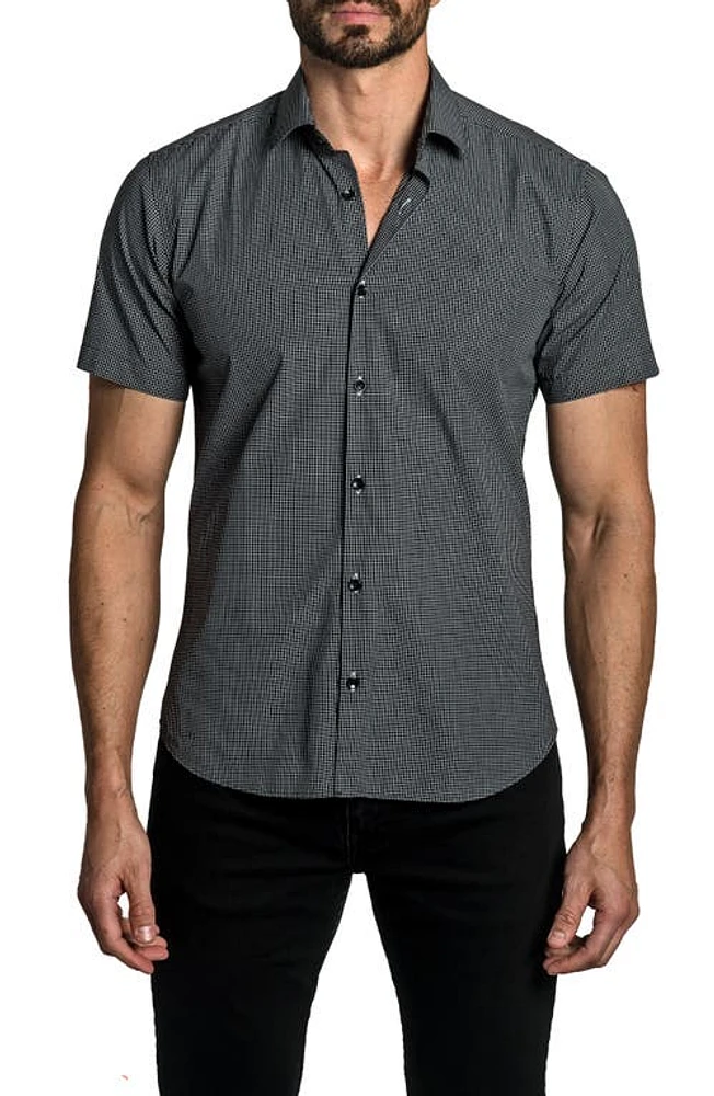 Jared Lang Trim Fit Grid Print Short Sleeve Cotton Button-Up Shirt in Black at Nordstrom, Size Small