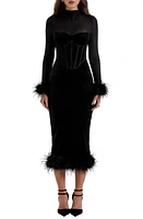 HOUSE OF CB Lianna Feather Trim Long Sleeve Corset Midi Dress Black at Nordstrom,