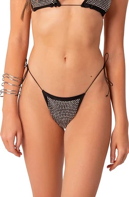 EDIKTED Shimmer Rhinestone Side Tie Bikini Bottoms Black Mix at Nordstrom,