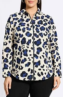 Foxcroft Charlie Leopard Print Cotton Button-Up Shirt Pacific Blue at Nordstrom,