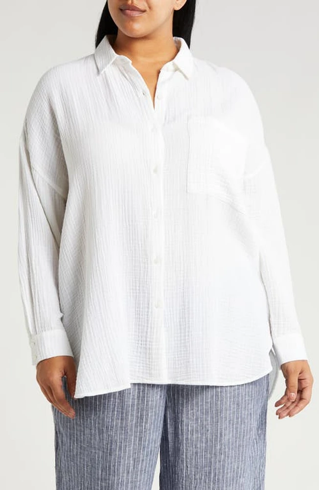 Eileen Fisher Classic Collar Organic Cotton Button-Up Shirt White at Nordstrom,