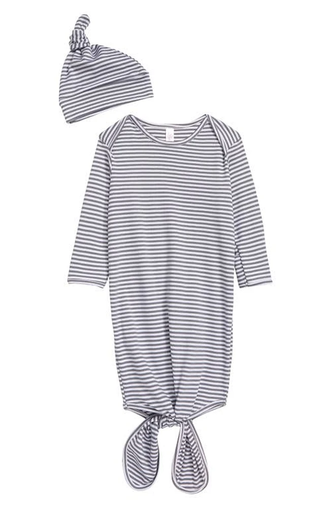 Belabumbum Stripe Tie Gown & Knotted Hat Set in Gray /White Stripe at Nordstrom, Size 0-3M