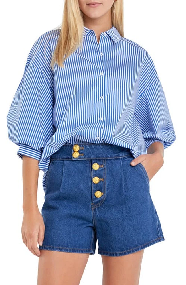 English Factory Stripe Balloon Sleeve Shirt in Blue at Nordstrom, Size X-Small