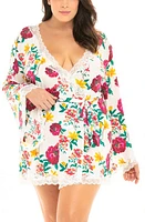 Oh La Cheri Lace Trim Floral Print Robe White at Nordstrom