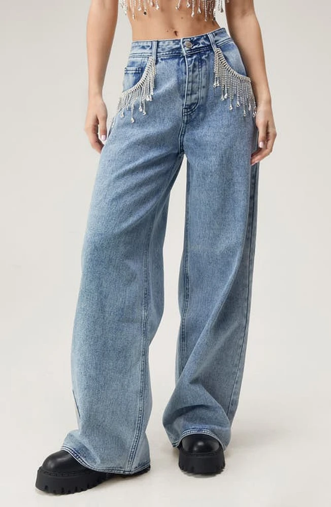 NASTY GAL Embellished Fringe Wide Leg Jeans Authentic Mid Wash at Nordstrom,