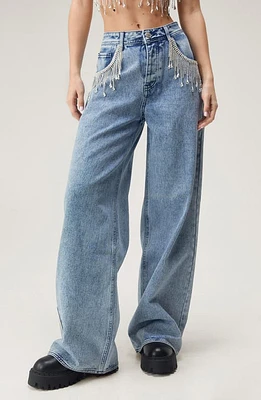 NASTY GAL Embellished Fringe Wide Leg Jeans Authentic Mid Wash at Nordstrom,